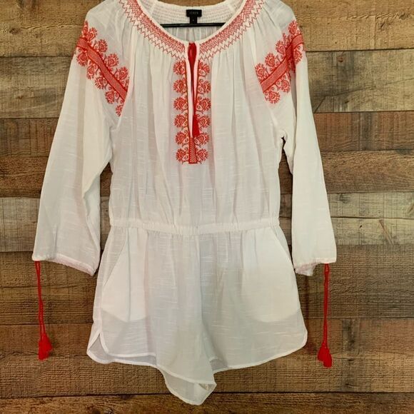 J. Crew white shorts romper orange embroidery long sleeve size‎ small - Picture 2 of 13